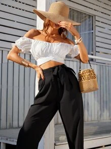 高腰側繫帶拼接細節定制西褲 - 黑色 - 查看 3