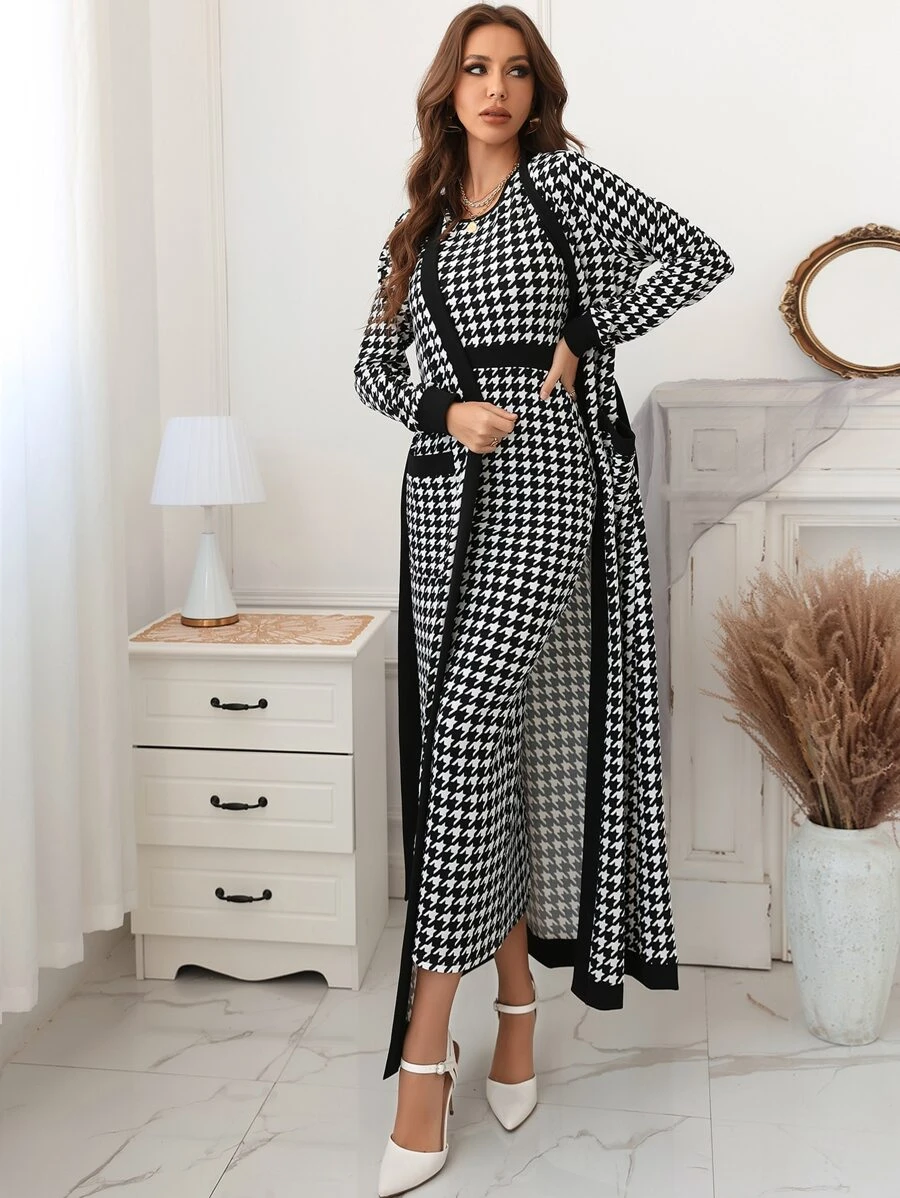 Modelyn Houndstooth Slit Back Bodycon Dress & Patched Pocket Belted Coat - Black and White - View 1