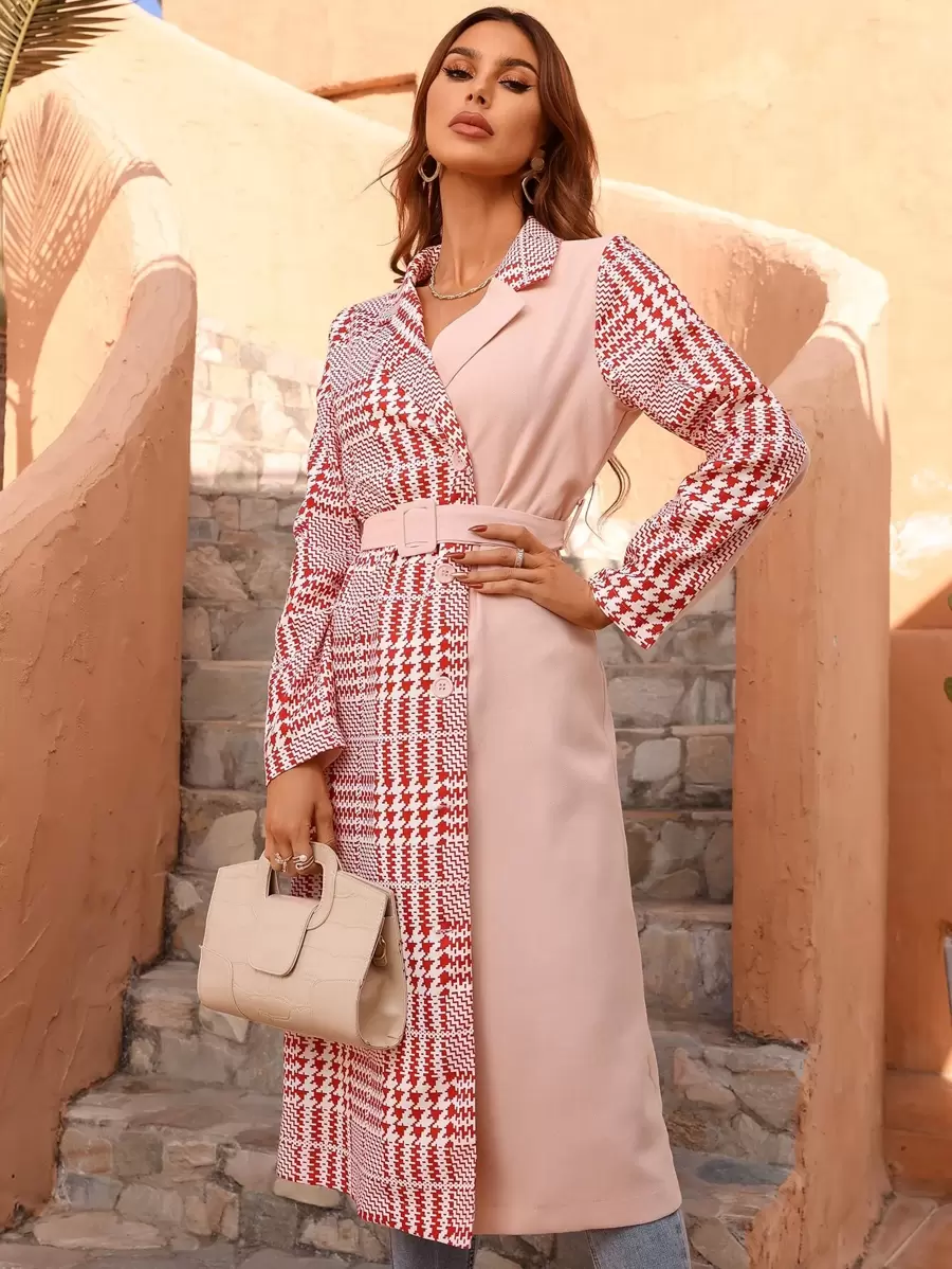 Abrigo de pata de gallo de color combinado de cuello con solapa con cinturón - Multicolor - Ver 1