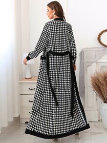 Modelyn Houndstooth Slit Back Bodycon Dress & Patched Pocket Belted Coat - Black and White - View 2