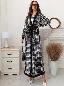 Modelyn Houndstooth Slit Back Bodycon Dress & Patched Pocket Belted Coat - Black and White - View 6
