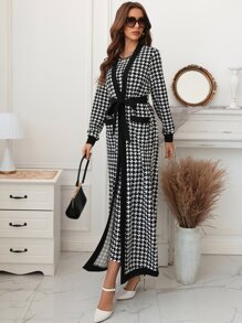 Modelyn Houndstooth Slit Back Bodycon Dress & Patched Pocket Belted Coat - Black and White - View 8