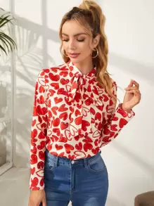 SHEIN Privé Áo sơ mi nữ Thắt nơ trước Tim Tất cả trên in Thanh lịch - Nhiều màu - Xem 1