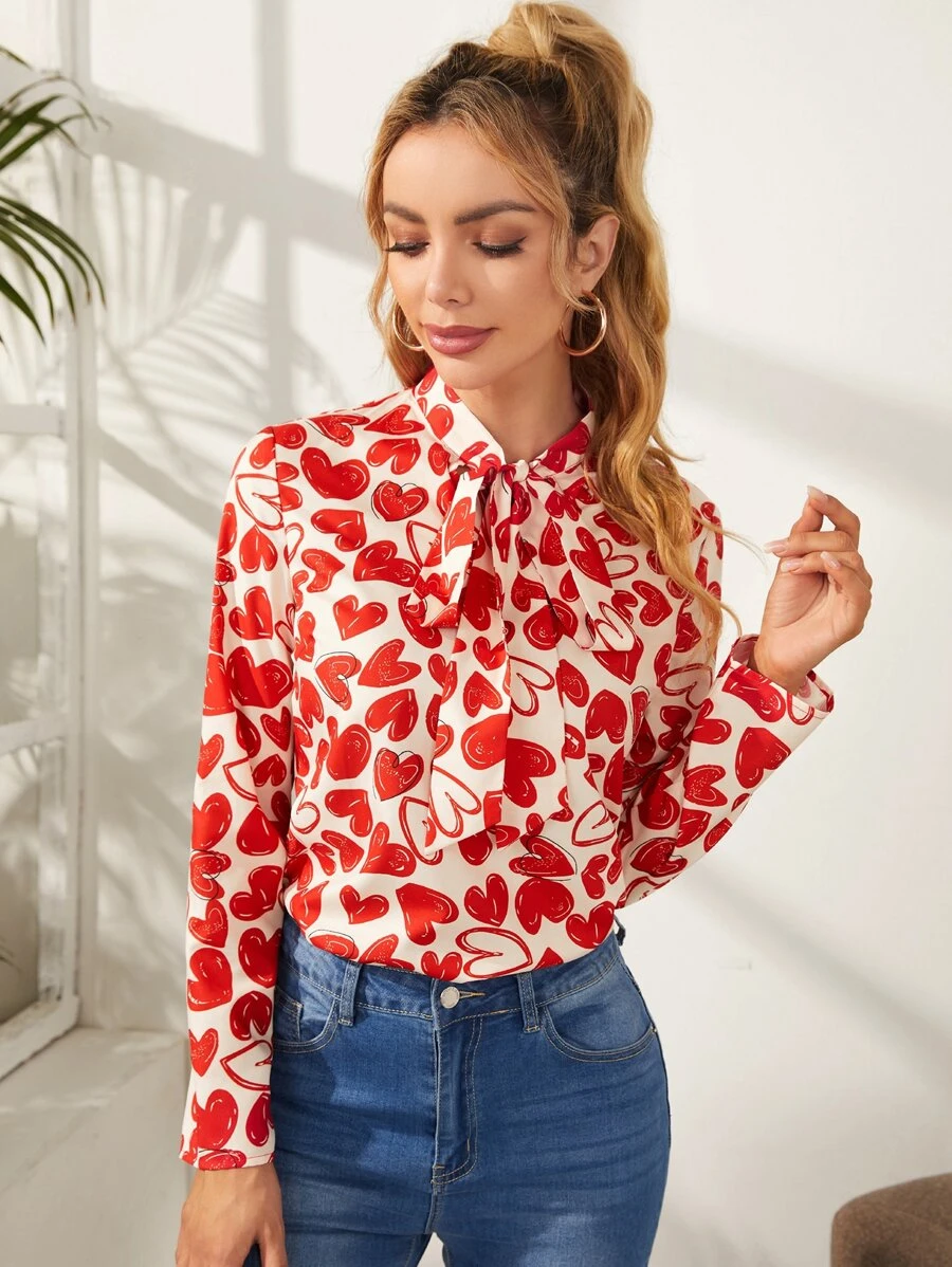 SHEIN Privé Áo sơ mi nữ Thắt nơ trước Tim Tất cả trên in Thanh lịch - Nhiều màu - Xem 1
