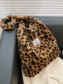 毛絨，柔軟，毛絨，毛絨豹紋毛絨手提包，適合女孩，女，大學生，菜鳥白領，上班，辦公室，通勤，秋冬，暖冬，戶外 - 彩色 - 查看 2