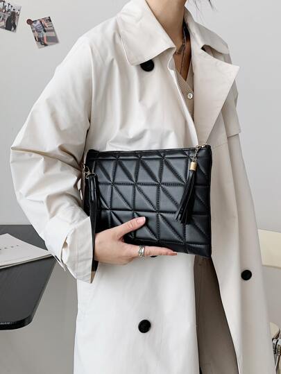 Square Bag Quilted Embossed Tassel Decor Clutch Bag, For Women, Rookies & White-Collar Workers,For Lady,For Female Lipsticks,For Dinner/Banquet,For Prom,For Wedding,For Party
