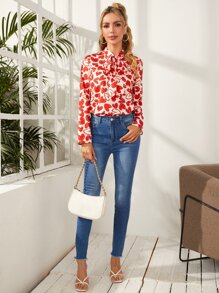 SHEIN Privé Áo sơ mi nữ Thắt nơ trước Tim Tất cả trên in Thanh lịch - Nhiều màu - Xem 3
