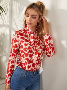 SHEIN Privé Áo sơ mi nữ Thắt nơ trước Tim Tất cả trên in Thanh lịch - Nhiều màu - Xem 4
