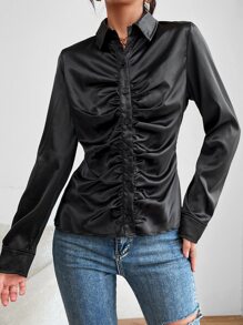 Ruched Button Front PU Leather Shirt - Black - View 1