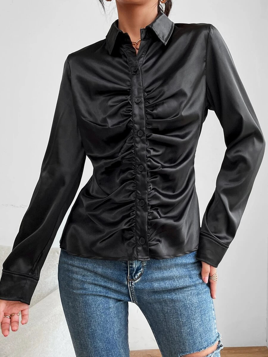 Ruched Button Front PU Leather Shirt - Black - View 1