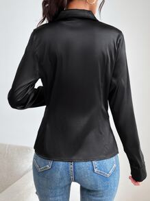 Ruched Button Front PU Leather Shirt - Black - View 2