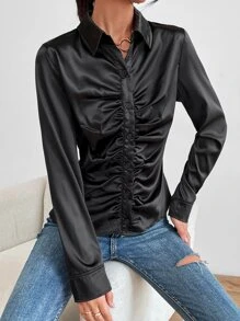 Ruched Button Front PU Leather Shirt - Black - View 4