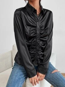 Ruched Button Front PU Leather Shirt - Black - View 5