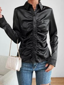 Ruched Button Front PU Leather Shirt - Black - View 6
