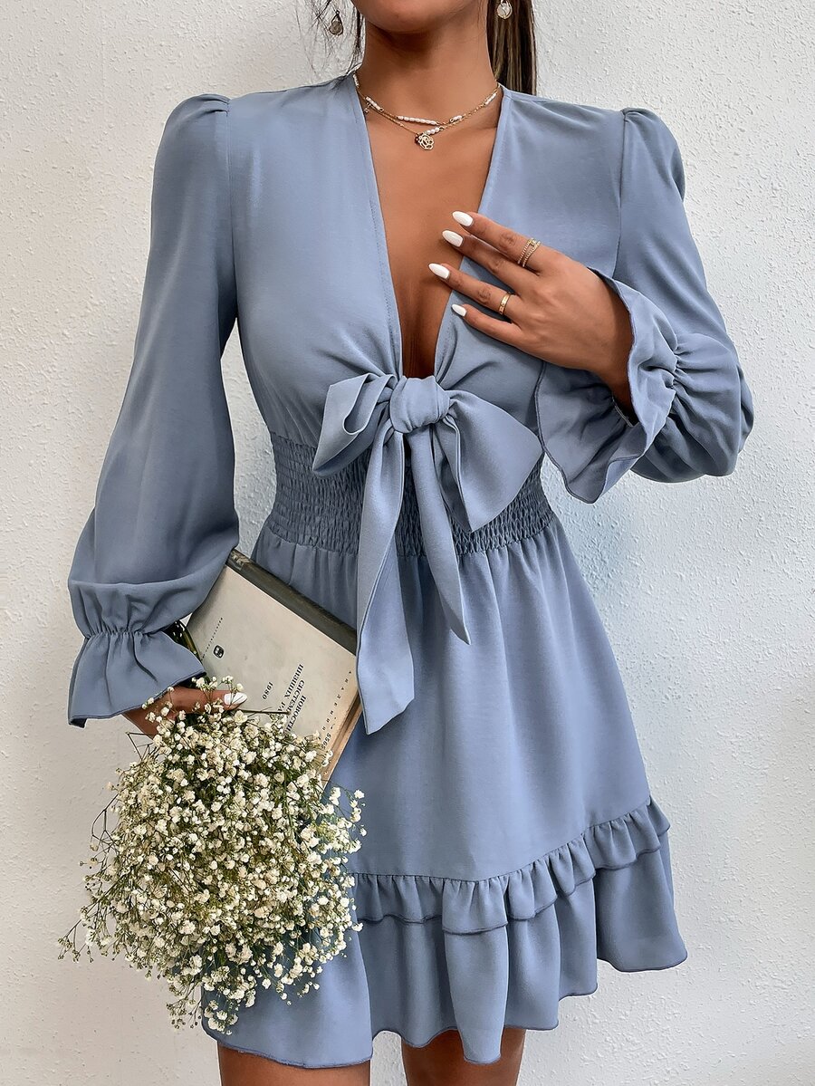 深V領前打結荷葉袖腰部打褶荷葉邊洋裝 - 霧霾藍 - 查看 1