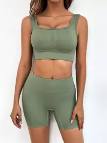 SHEIN Sport Studio 2pcs Seamless High Stretch Running Suit Work Out Set Ribbed Bra Wide Waistband Biker Shorts