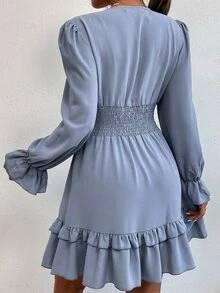 深V領前打結荷葉袖腰部打褶荷葉邊洋裝 - 霧霾藍 - 查看 2