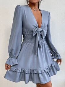 深V領前打結荷葉袖腰部打褶荷葉邊洋裝 - 霧霾藍 - 查看 3