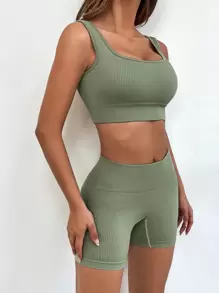 SHEIN Sport Studio 2pcs Seamless High Stretch Running Suit Work Out Set Ribbed Bra Wide Waistband Biker Shorts