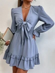 深V領前打結荷葉袖腰部打褶荷葉邊洋裝 - 霧霾藍 - 查看 5