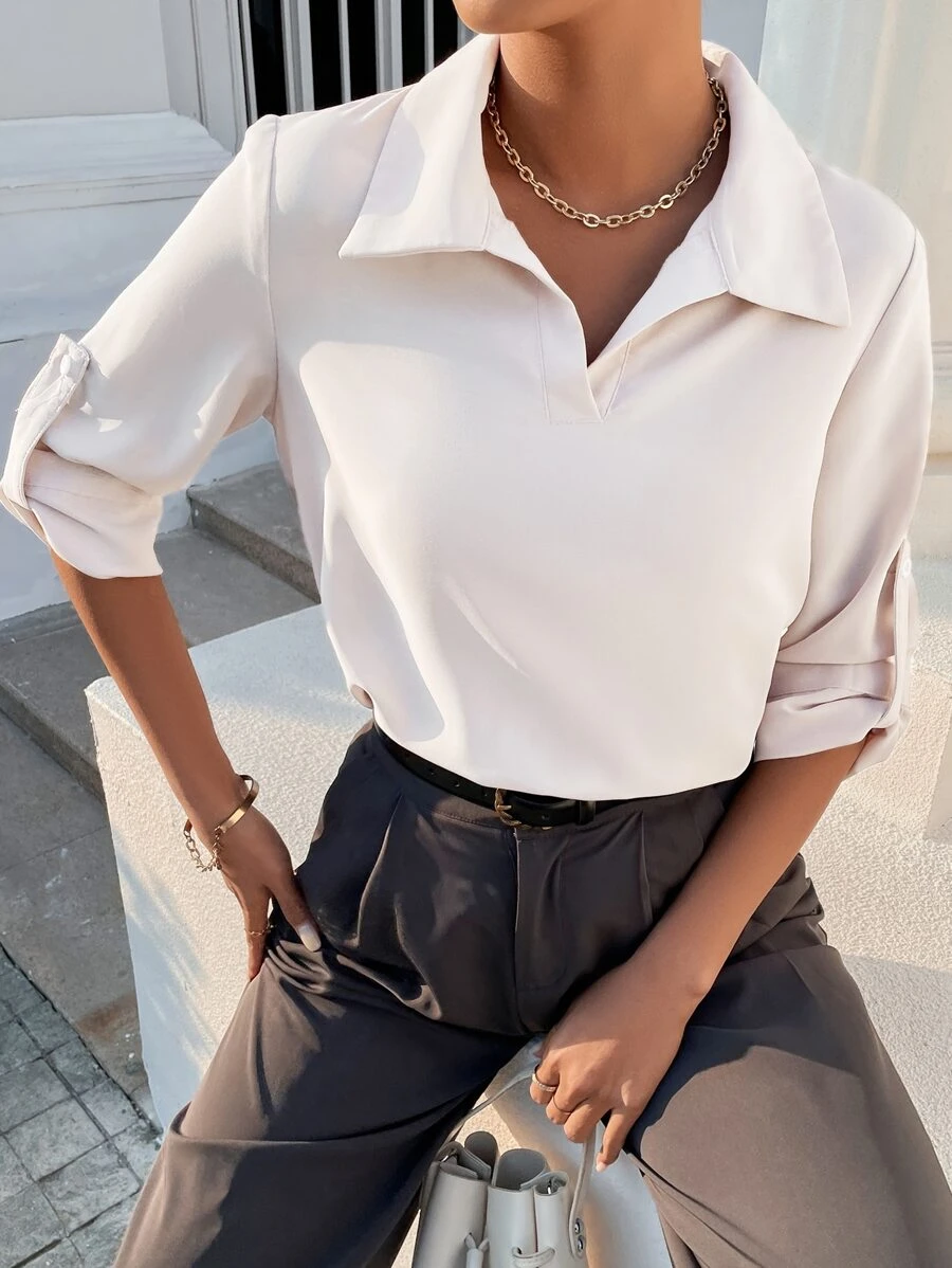 SHEIN LUNE Roll-up Sleeve Solid Blouse - Apricot - View 1