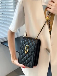 Túi điện thoại mini chần bông có dây xích nhẹ, thời trang cho nhân viên văn phòng, đại học, công việc, kinh doanh, đi làm, văn phòng, kỷ niệm, cặp đôi, làm quà tặng sinh nhật, quà tặng ngày lễ tình nhân, quà tặng - màu đen - Xem 2