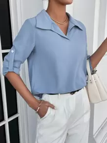 Mulvari Roll-up Sleeve Solid Blouse - Dusty Blue - View 3