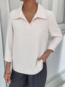 SHEIN LUNE Roll-up Sleeve Solid Blouse - Apricot - View 3