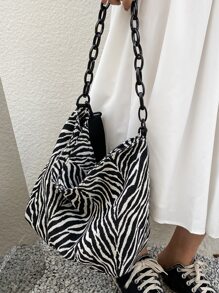 Zebra Striped Pattern Shoulder Bag - Black and White - View 7