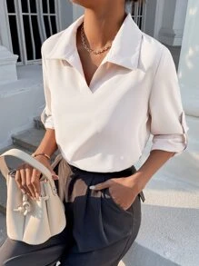 SHEIN LUNE Roll-up Sleeve Solid Blouse - Apricot - View 4