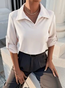 SHEIN LUNE Roll-up Sleeve Solid Blouse - Apricot - View 5