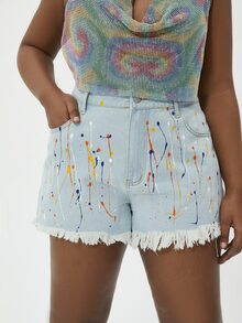Quần short denim oversized Hem thô Đồ họa - Rửa nhẹ - Xem 5