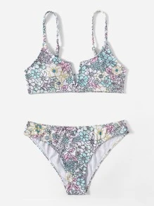 Swim Mod Conjunto de bikini con estampado floral, sujetador de cami con aros en V acanalado y traje de baño de 2 piezas con parte inferior de bikini - Multicolor - Ver 1