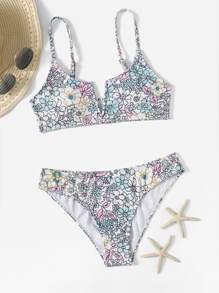 Swim Mod Conjunto de bikini con estampado floral, sujetador de cami con aros en V acanalado y traje de baño de 2 piezas con parte inferior de bikini - Multicolor - Ver 3