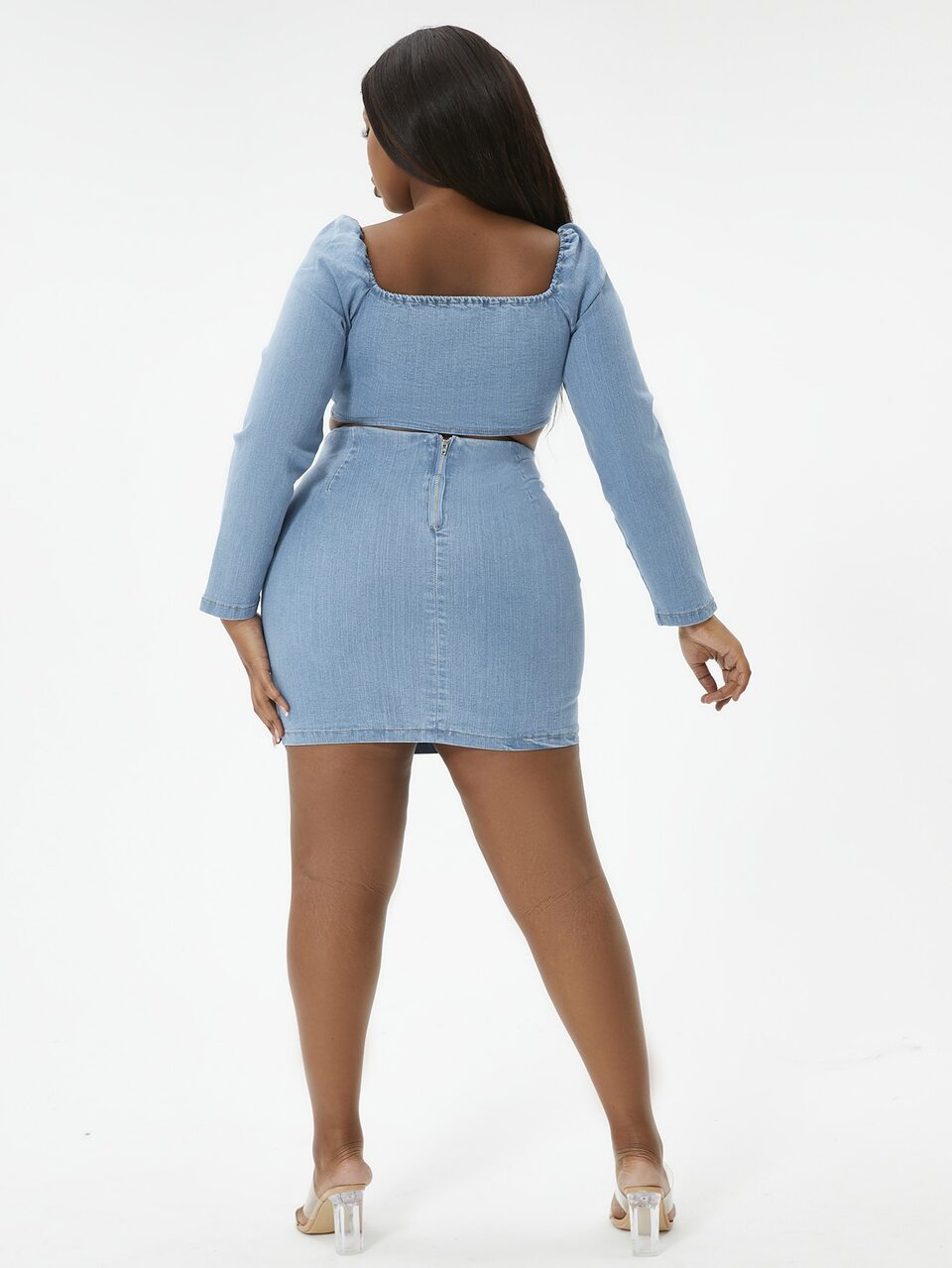 Plus Solid Knot Front Denim Crop Top & Skirt