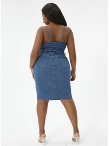 SHEIN SXY Plus Size denim Trang phục hai chiếc một bộ Nút phía trước màu trơn Giải trí - Rửa tối - Xem 2