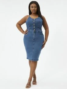 SHEIN SXY Plus Size denim Trang phục hai chiếc một bộ Nút phía trước màu trơn Giải trí - Rửa tối - Xem 4