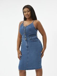 SHEIN SXY Plus Size denim Trang phục hai chiếc một bộ Nút phía trước màu trơn Giải trí - Rửa tối - Xem 5
