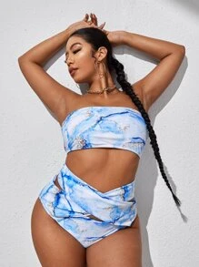 Plus Size Bộ bikini in hình đá cẩm thạch chéo đi biển mùa hè - Xanh và trắng - Xem 1