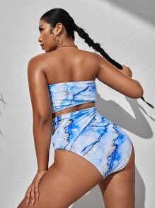 Plus Size Bộ bikini in hình đá cẩm thạch chéo đi biển mùa hè - Xanh và trắng - Xem 2