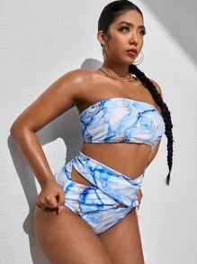 Plus Size Bộ bikini in hình đá cẩm thạch chéo đi biển mùa hè - Xanh và trắng - Xem 4