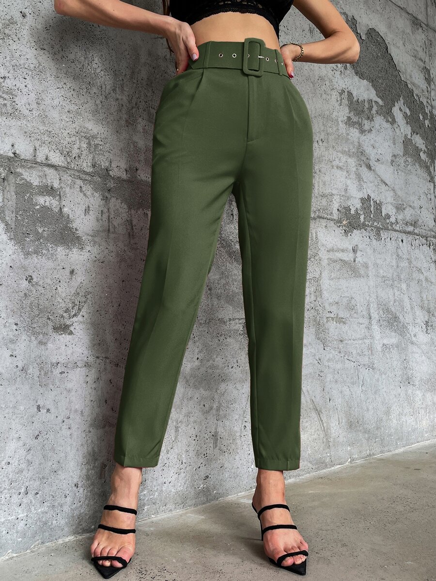 Aveloria Solid Belted Tapered Trousers - Army Green - View 1