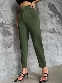 Aveloria Solid Belted Tapered Trousers - Army Green - View 3