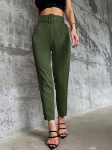 Aveloria Solid Belted Tapered Trousers - Army Green - View 4
