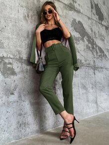 Aveloria Solid Belted Tapered Trousers - Army Green - View 5