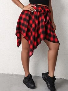 Flirla 大碼格紋印花前打結手帕下擺半身裙 - 彩色 - 查看 5