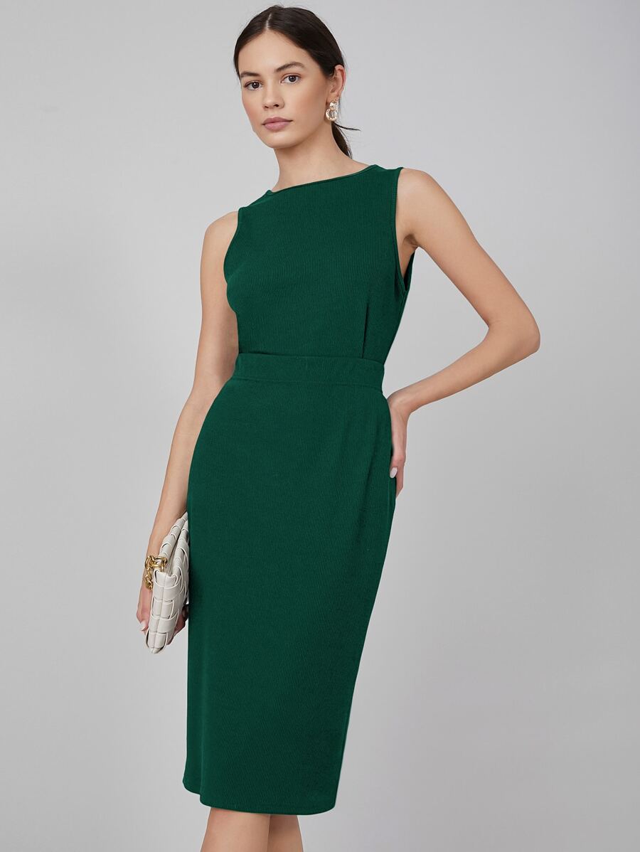 MOTF PREMIUM SLIM RIBBED TOP & SKIRT SET - Dark Green - View 1