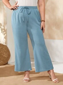 Quần Plus Size Dây kéo màu trơn Giải trí - Màu xanh bụi bặm - Xem 1