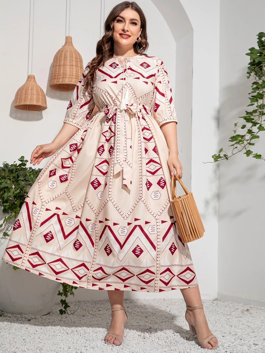 Mulvari 大碼幾何印花繫帶領燈籠袖繫腰帶連衣裙 - 彩色 - 查看 1