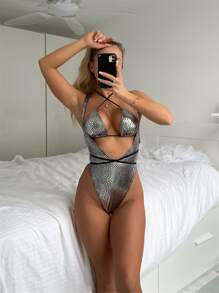 金屬質感連體泳衣帶比基尼泳裝上衣 - 銀色 - 查看 4